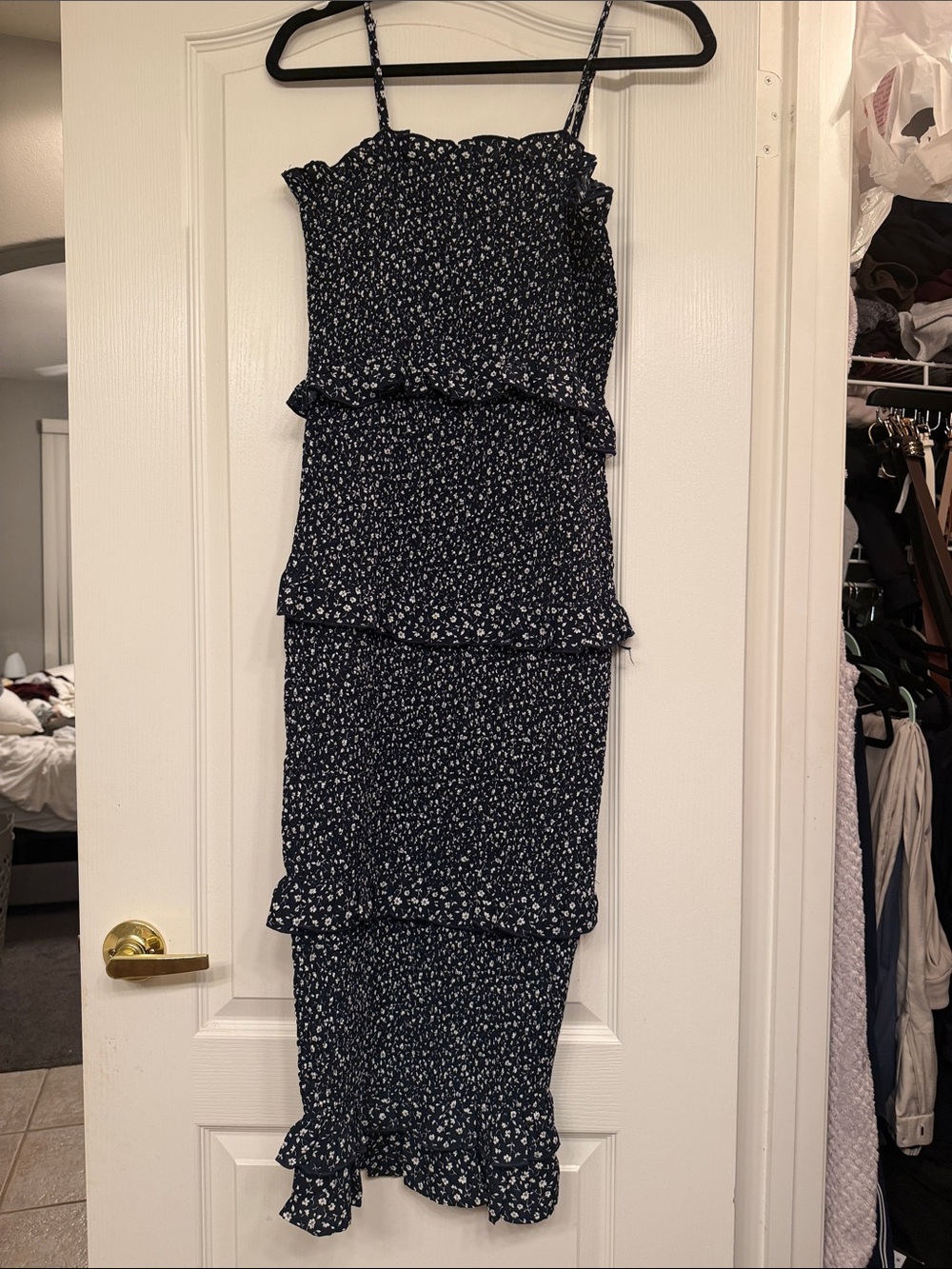 Vici Navy and White Floral Smocked Tiered Midi Dress